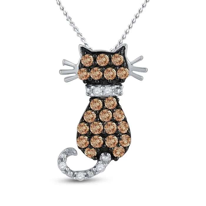 14k White Gold Round Brown Diamond Kitty Cat Animal Pendant 13 Cttw gndatlanta Necklaces
