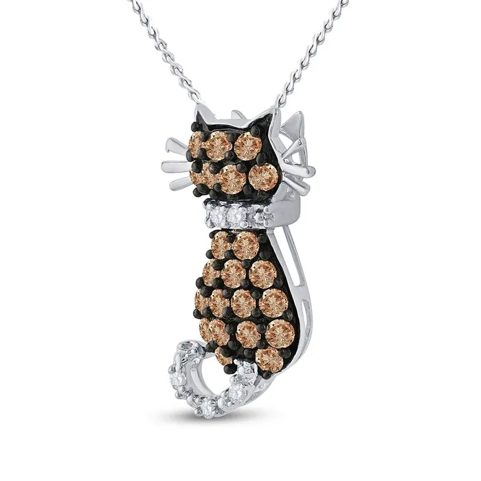 14k White Gold Round Brown Diamond Kitty Cat Animal Pendant 13 Cttw gndatlanta Necklaces