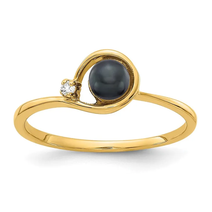 14k Yellow Gold 4mm Black FW Cultured Pearl AA Diamond ring Goldia Rings