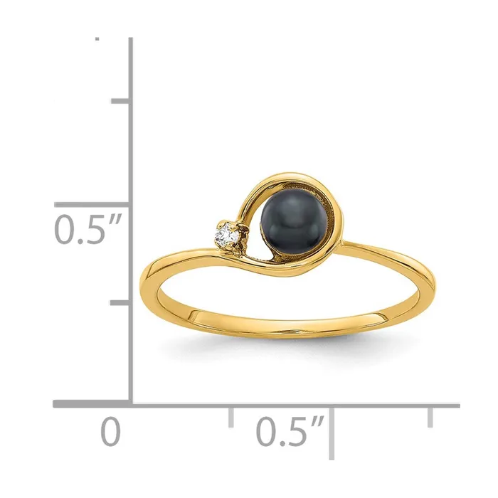 14k Yellow Gold 4mm Black FW Cultured Pearl AA Diamond ring Goldia Rings