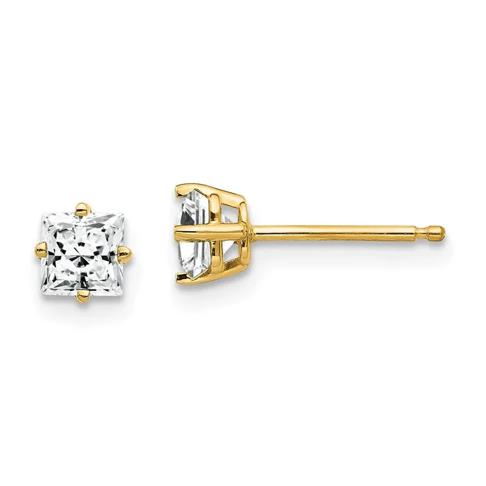 14k Yellow Gold 4mm Princess Cut Cubic Zirconia Earrings Goldia Earrings
