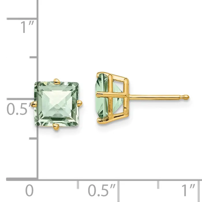 14k Yellow Gold 7mm Square CheckerCut Green Quartz Earrings Goldia Earrings