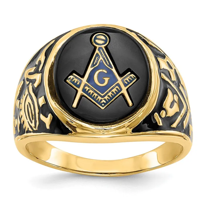 14k Yellow Gold Mens Polished and Textured with Black Enamel and Oval Onyx Masonic Ring Goldia Rings 14k Yellow Gold Mens Polished and Textured with Black Enamel and Oval Onyx Masonic Ring Goldia Rings