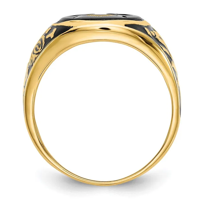 14k Yellow Gold Mens Polished and Textured with Black Enamel and Oval Onyx Masonic Ring Goldia Rings