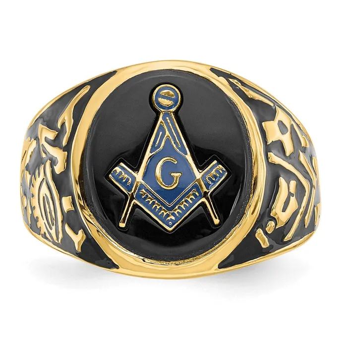 14k Yellow Gold Mens Polished and Textured with Black Enamel and Oval Onyx Masonic Ring Goldia Rings