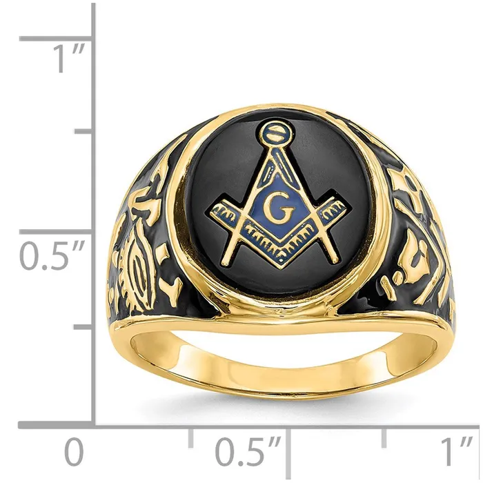 14k Yellow Gold Mens Polished and Textured with Black Enamel and Oval Onyx Masonic Ring Goldia Rings