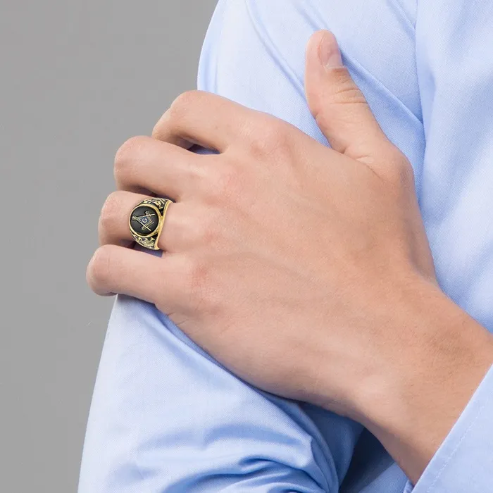 14k Yellow Gold Mens Polished and Textured with Black Enamel and Oval Onyx Masonic Ring Goldia Rings