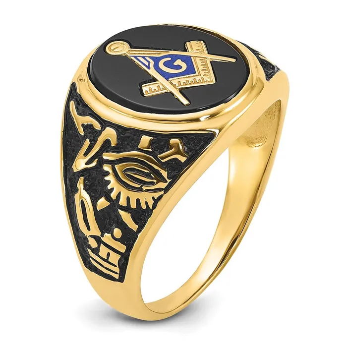 14k Yellow Gold Mens Polished and Textured with Black Enamel and Oval Onyx Masonic Ring Goldia Rings