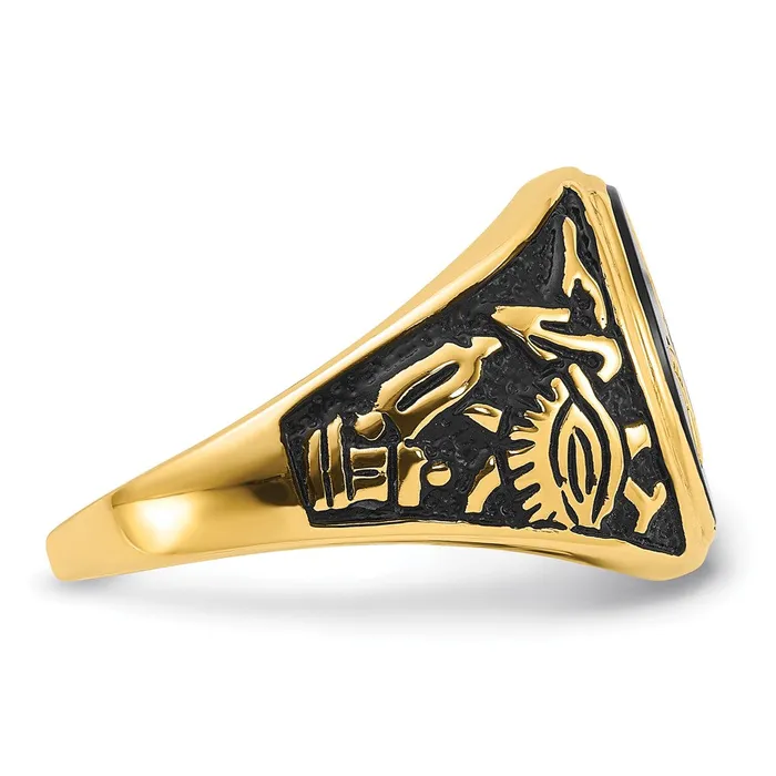 14k Yellow Gold Mens Polished and Textured with Black Enamel and Oval Onyx Masonic Ring Goldia Rings