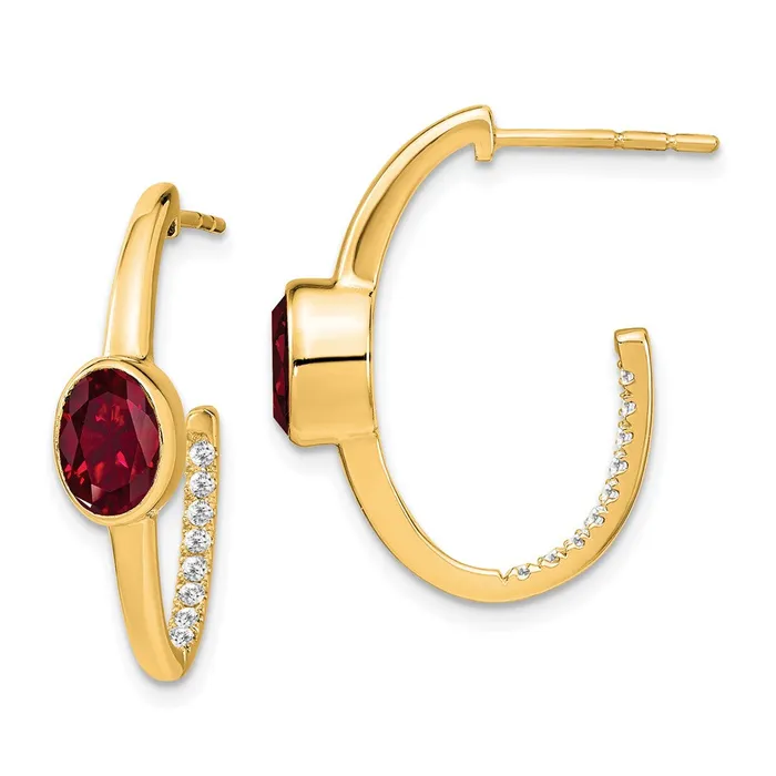 14k Yellow Gold Oval Created Ruby and Real Diamond JHoop Earrings Goldia Earrings 14k Yellow Gold Oval Created Ruby and Real Diamond JHoop Earrings Goldia Earrings