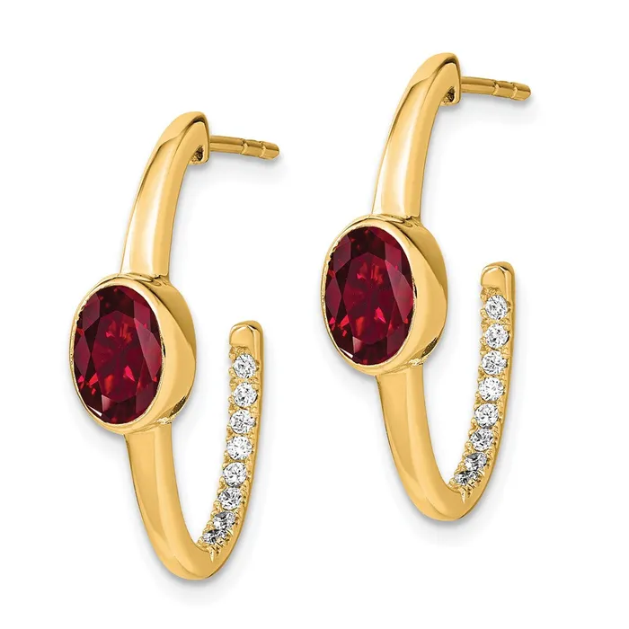 14k Yellow Gold Oval Created Ruby and Real Diamond JHoop Earrings Goldia Earrings