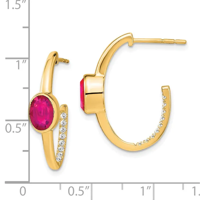 14k Yellow Gold Oval Created Ruby and Real Diamond JHoop Earrings Goldia Earrings