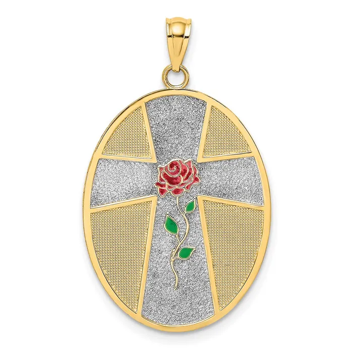 14k Yellow Rhodium Gold w Rhodium Enamel Rose Serenity Prayer Oval Disc Charm Goldia Charm Necklaces