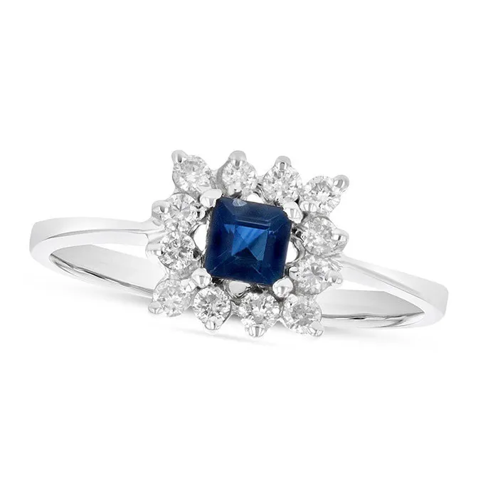 40mm PrincessCut Blue Sapphire and 025 CT TW Natural Diamond Shadow Frame Ring in Solid 14K White Gold Goldia Rings 40mm PrincessCut Blue Sapphire and 025 CT TW Natural Diamond Shadow Frame Ring in Solid 14K White Gold Goldia Rings