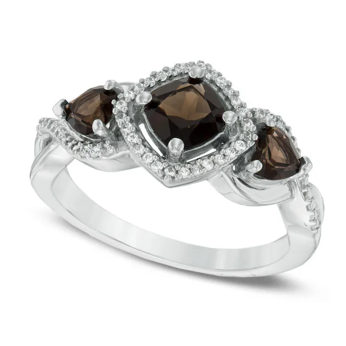 50mm CushionCut Smoky Quartz and 010 CT TW Natural Diamond Three Stone Ring in Sterling Silver Goldia Rings 50mm CushionCut Smoky Quartz and 010 CT TW Natural Diamond Three Stone Ring in Sterling Silver Goldia Rings