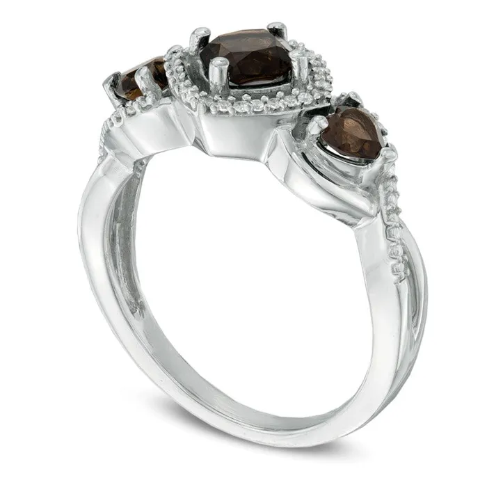 50mm CushionCut Smoky Quartz and 010 CT TW Natural Diamond Three Stone Ring in Sterling Silver Goldia Rings 50mm CushionCut Smoky Quartz and 010 CT TW Natural Diamond Three Stone Ring in Sterling Silver Goldia Rings