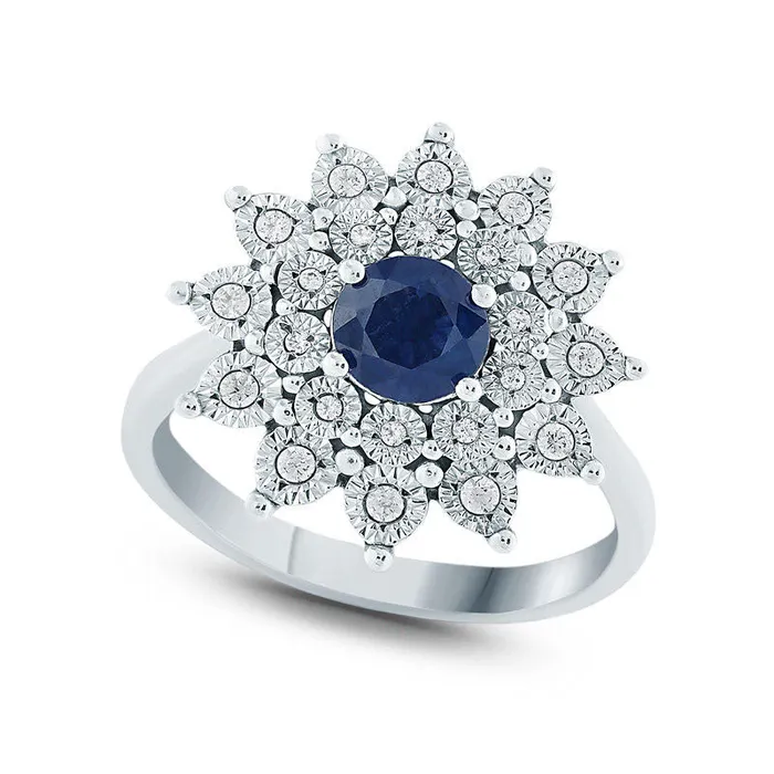50mm LabCreated Blue Sapphire and Diamond Accent Starburst Frame Ring in Sterling Silver Goldia Rings 50mm LabCreated Blue Sapphire and Diamond Accent Starburst Frame Ring in Sterling Silver Goldia Rings