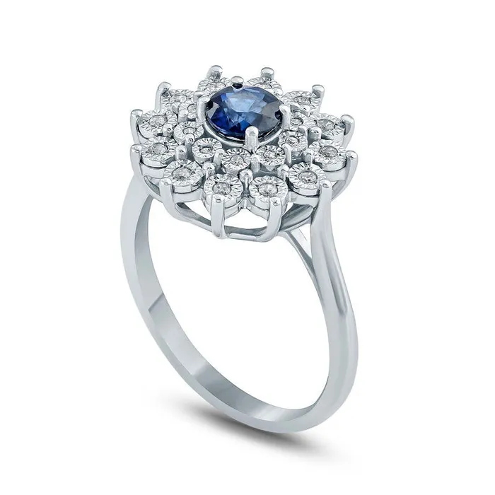 50mm LabCreated Blue Sapphire and Diamond Accent Starburst Frame Ring in Sterling Silver Goldia Rings 50mm LabCreated Blue Sapphire and Diamond Accent Starburst Frame Ring in Sterling Silver Goldia Rings