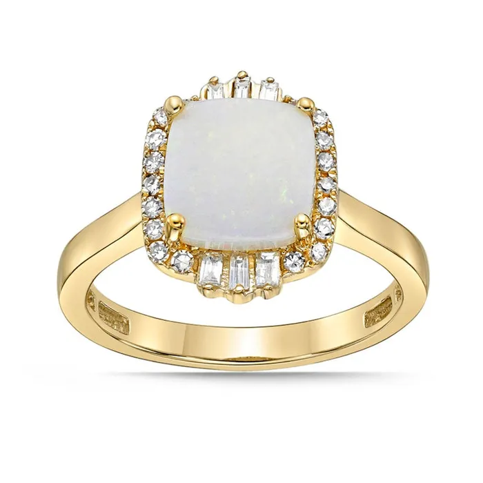 80mm CushionCut Opal and 020 CT TW Natural Diamond Ornate Frame Ring in Solid 10K Yellow Gold Goldia Rings 80mm CushionCut Opal and 020 CT TW Natural Diamond Ornate Frame Ring in Solid 10K Yellow Gold Goldia Rings