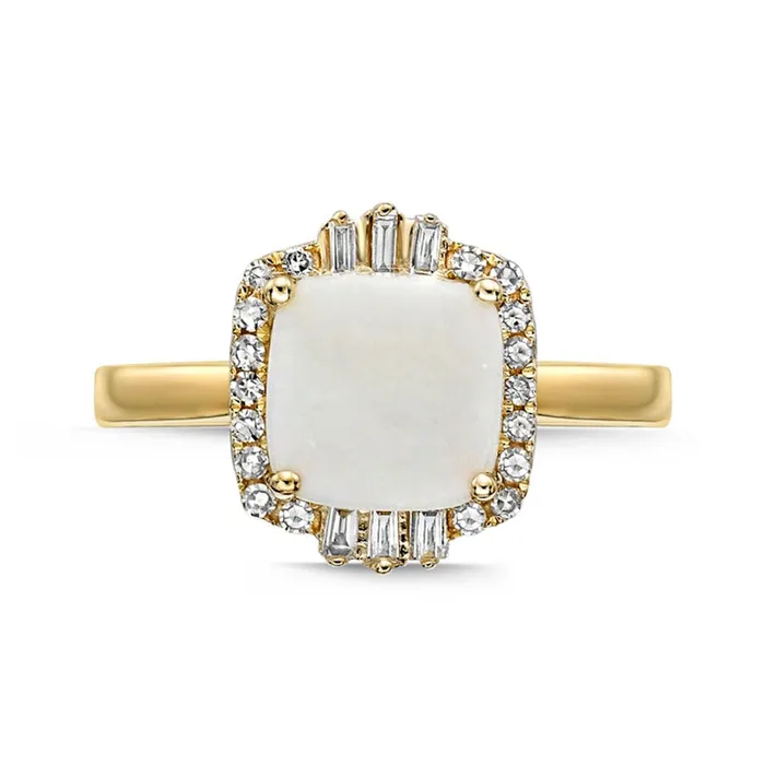 80mm CushionCut Opal and 020 CT TW Natural Diamond Ornate Frame Ring in Solid 10K Yellow Gold Goldia Rings 80mm CushionCut Opal and 020 CT TW Natural Diamond Ornate Frame Ring in Solid 10K Yellow Gold Goldia Rings