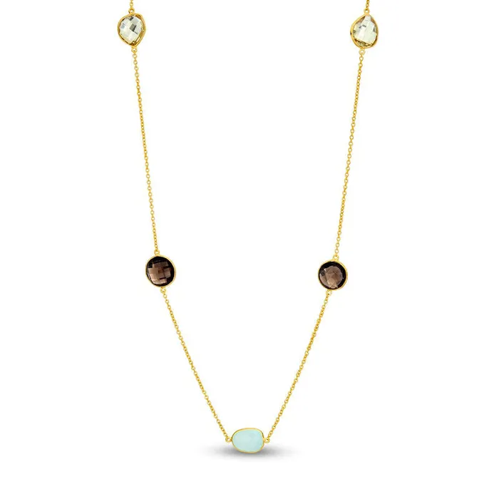 Aquamarine Lemon and Smoky Quartz Station Necklace in Sterling Silver with 14K Gold Plate 30 Goldia Necklaces Aquamarine Lemon and Smoky Quartz Station Necklace in Sterling Silver with 14K Gold Plate 30 Goldia Necklaces