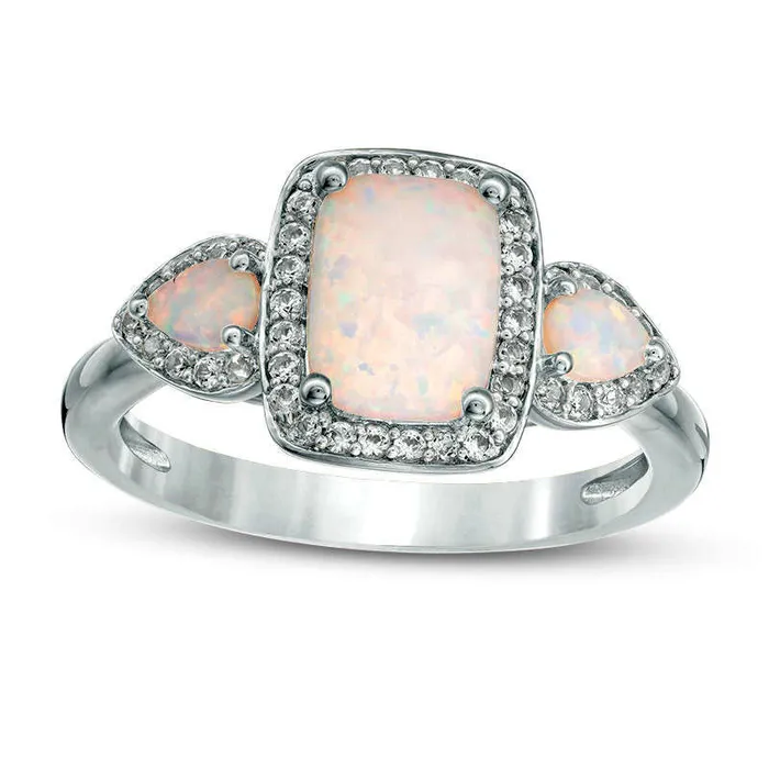 CushionCut LabCreated Opal and White Sapphire Three Stone Frame Ring in Sterling Silver Goldia Rings CushionCut LabCreated Opal and White Sapphire Three Stone Frame Ring in Sterling Silver Goldia Rings