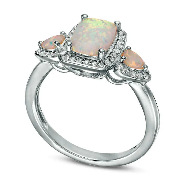 CushionCut LabCreated Opal and White Sapphire Three Stone Frame Ring in Sterling Silver Goldia Rings CushionCut LabCreated Opal and White Sapphire Three Stone Frame Ring in Sterling Silver Goldia Rings