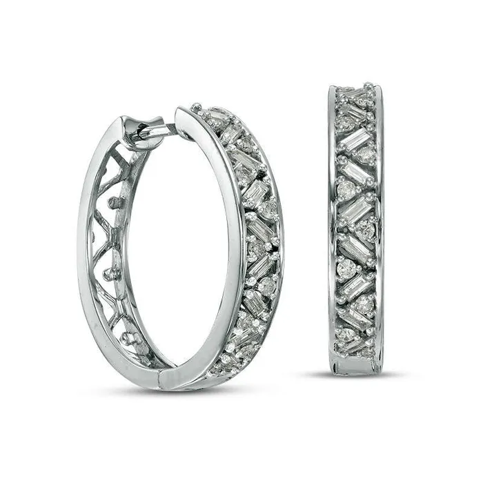 Earrings Goldia 05 CT TW Baguette and Round Diamond Hoop Earrings in 10K White Gold Earrings Goldia 05 CT TW Baguette and Round Diamond Hoop Earrings in 10K White Gold