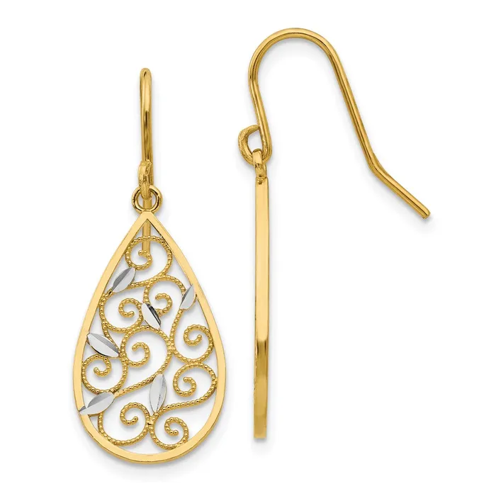 Earrings Goldia 14k Yellow Rhodium Gold White Rhodium Diamondcut Filigree Teardrop Wire Earrings