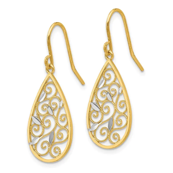 Earrings Goldia 14k Yellow Rhodium Gold White Rhodium Diamondcut Filigree Teardrop Wire Earrings