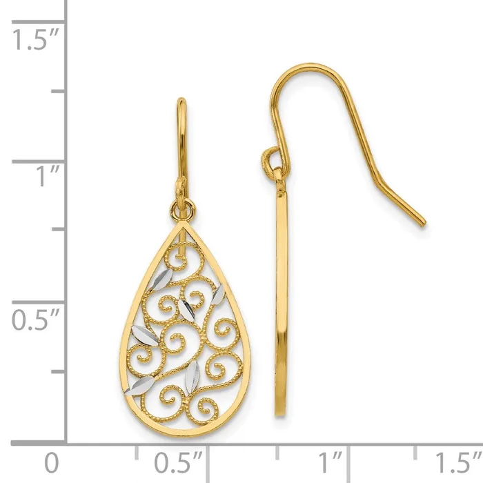 Earrings Goldia 14k Yellow Rhodium Gold White Rhodium Diamondcut Filigree Teardrop Wire Earrings