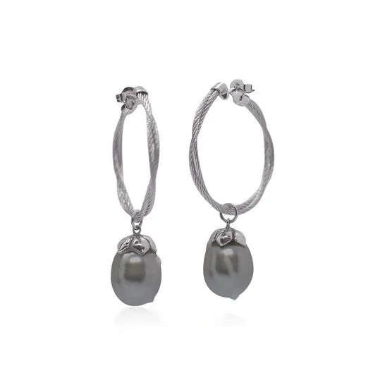 Earrings JMS always Original ALOR Grey Twisted Cable Hoop Earrings with Black South Sea Pearls Earrings JMS always Original ALOR Grey Twisted Cable Hoop Earrings with Black South Sea Pearls
