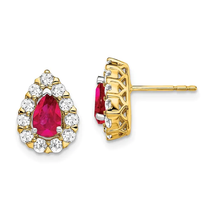 Earrings Solid 14k Yellow Gold Pear Simulated Ruby and CZ Halo Post Earrings Goldia Earrings Solid 14k Yellow Gold Pear Simulated Ruby and CZ Halo Post Earrings Goldia