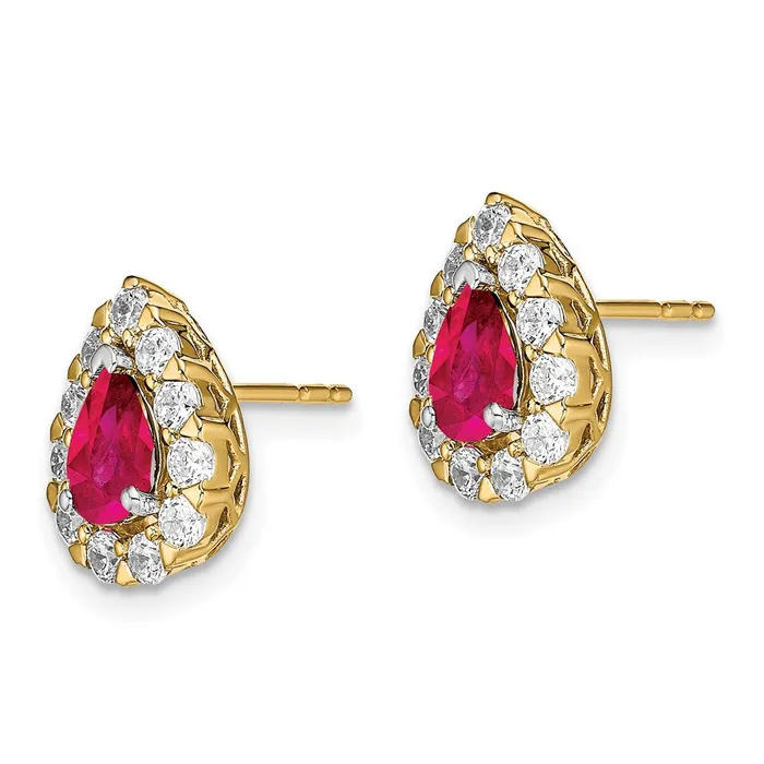 Earrings Solid 14k Yellow Gold Pear Simulated Ruby and CZ Halo Post Earrings Goldia Earrings Solid 14k Yellow Gold Pear Simulated Ruby and CZ Halo Post Earrings Goldia