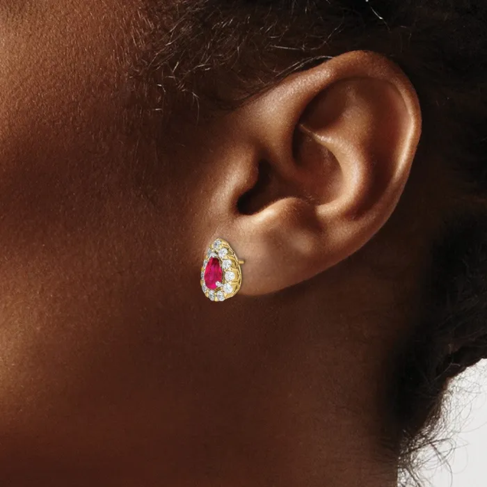 Earrings Solid 14k Yellow Gold Pear Simulated Ruby and CZ Halo Post Earrings Goldia Earrings Solid 14k Yellow Gold Pear Simulated Ruby and CZ Halo Post Earrings Goldia