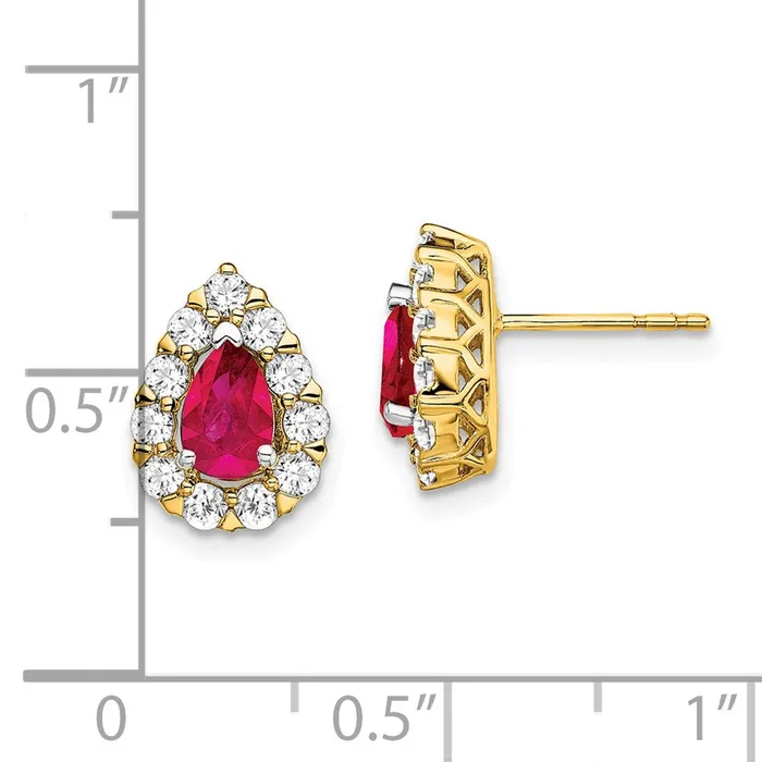Earrings Solid 14k Yellow Gold Pear Simulated Ruby and CZ Halo Post Earrings Goldia Earrings Solid 14k Yellow Gold Pear Simulated Ruby and CZ Halo Post Earrings Goldia