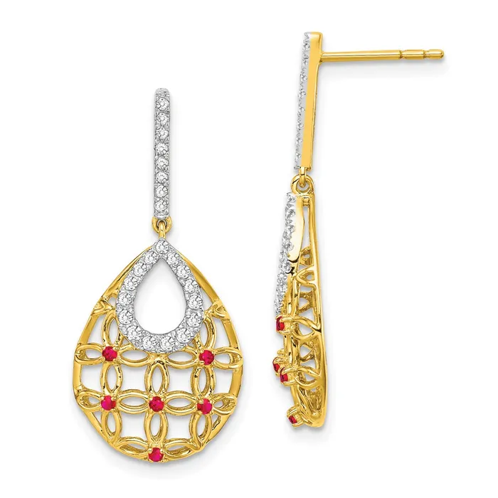 Earrings Solid 14k Yellow Gold Simulated Ruby and CZ Dangle Earrings Goldia Earrings Solid 14k Yellow Gold Simulated Ruby and CZ Dangle Earrings Goldia