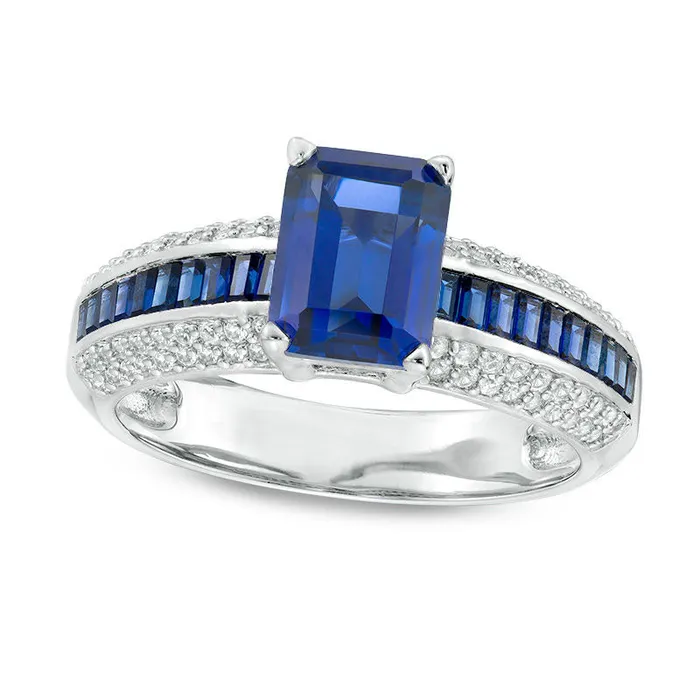 EmeraldCut LabCreated Blue and White Sapphire Ring in Sterling Silver Goldia Rings EmeraldCut LabCreated Blue and White Sapphire Ring in Sterling Silver Goldia Rings