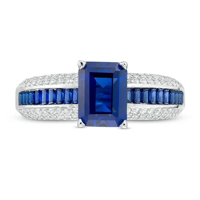 EmeraldCut LabCreated Blue and White Sapphire Ring in Sterling Silver Goldia Rings EmeraldCut LabCreated Blue and White Sapphire Ring in Sterling Silver Goldia Rings