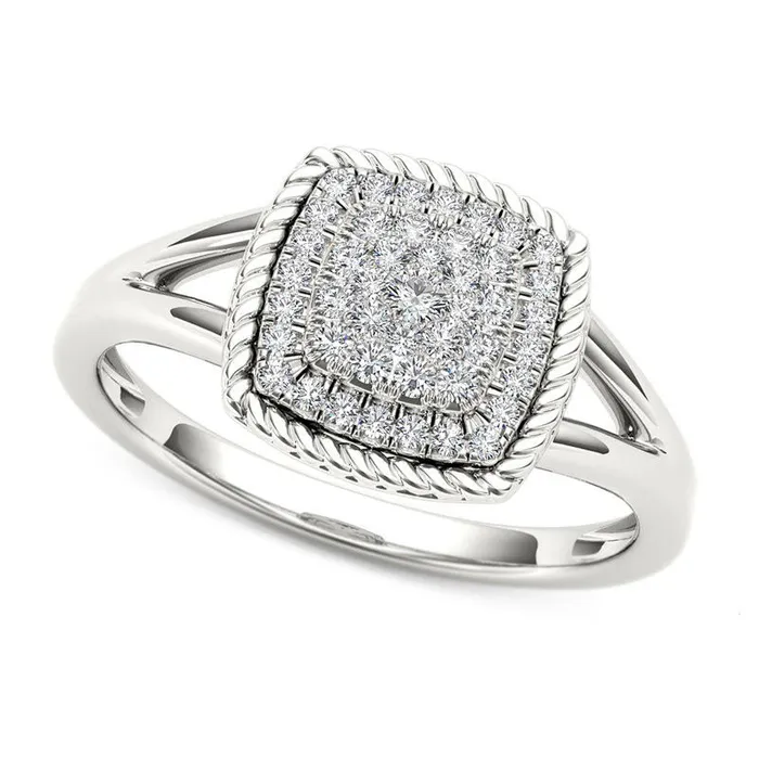 Goldia 025 CT TW Composite Natural Diamond Cushion Rope Frame Ring in Solid 10K White Gold Rings Goldia 025 CT TW Composite Natural Diamond Cushion Rope Frame Ring in Solid 10K White Gold Rings