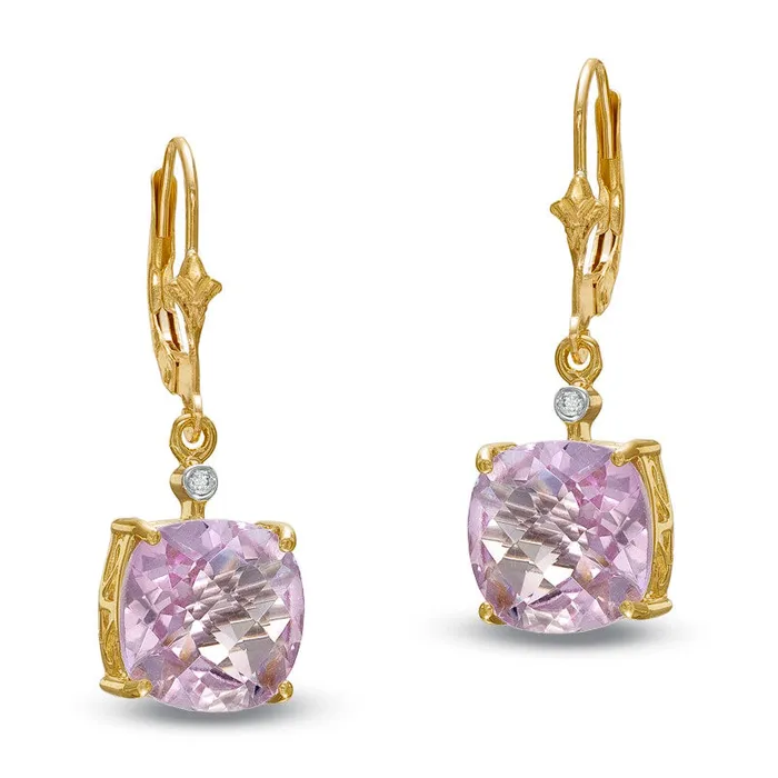 Goldia 100mm CushionCut LabCreated Pink Quartz and Diamond Accent Drop Earrings in 10K Gold Earrings Goldia 100mm CushionCut LabCreated Pink Quartz and Diamond Accent Drop Earrings in 10K Gold Earrings