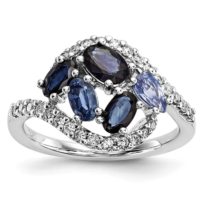 Goldia 14k White Gold Real Diamond and DarkLight Blue Sapphire Polished Ring Rings