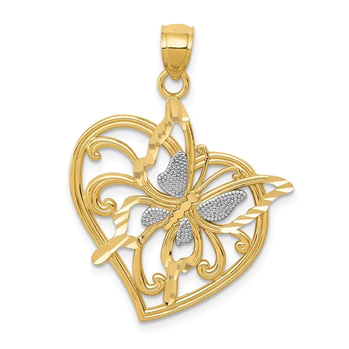 Goldia 14k Yellow Rhodium Gold w Rhodium Diamondcut Polished Butterfly Heart Pendant Necklaces Goldia 14k Yellow Rhodium Gold w Rhodium Diamondcut Polished Butterfly Heart Pendant Necklaces