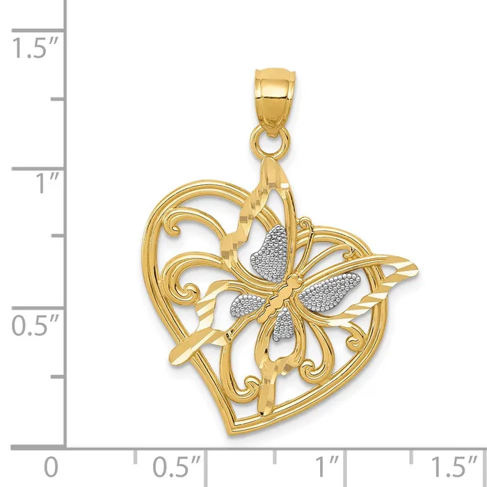 Goldia 14k Yellow Rhodium Gold w Rhodium Diamondcut Polished Butterfly Heart Pendant Necklaces