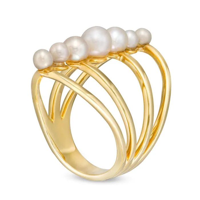 Goldia 3050mm Cultured Freshwater Pearl Graduated Linear MultiRow Split Shank Ring in Solid 10K Yellow Gold Rings Goldia 3050mm Cultured Freshwater Pearl Graduated Linear MultiRow Split Shank Ring in Solid 10K Yellow Gold Rings