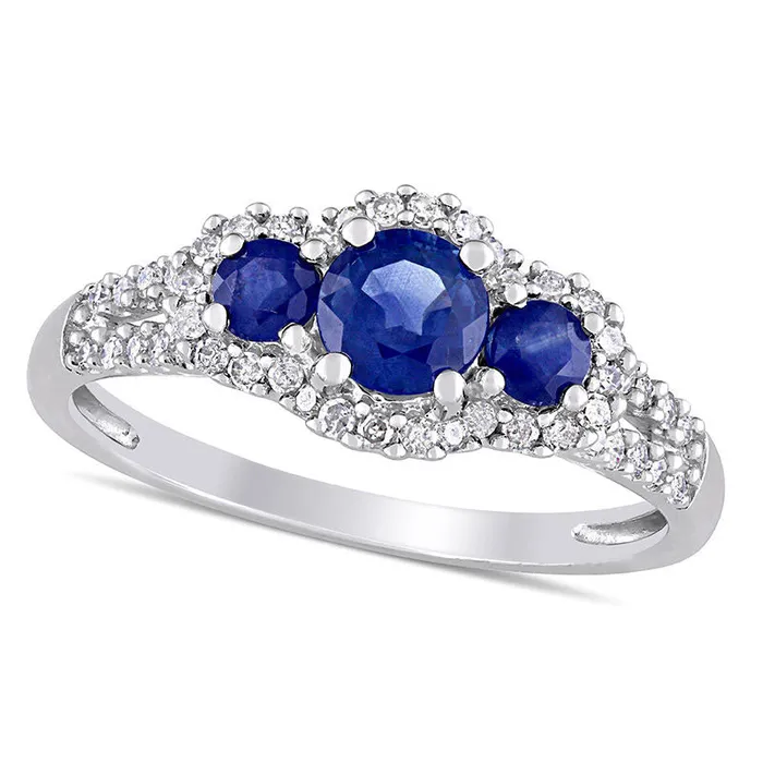 Goldia Blue Sapphire and 025 CT TW Natural Diamond Frame Three Stone Split Shank Ring in Solid 10K White Gold Rings Goldia Blue Sapphire and 025 CT TW Natural Diamond Frame Three Stone Split Shank Ring in Solid 10K White Gold Rings
