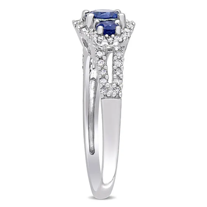 Goldia Blue Sapphire and 025 CT TW Natural Diamond Frame Three Stone Split Shank Ring in Solid 10K White Gold Rings Goldia Blue Sapphire and 025 CT TW Natural Diamond Frame Three Stone Split Shank Ring in Solid 10K White Gold Rings