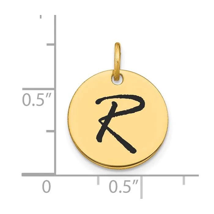 Goldia Charm Necklaces 14k Yellow Gold Polished Black Enamel Letter R Initial Disk Charm