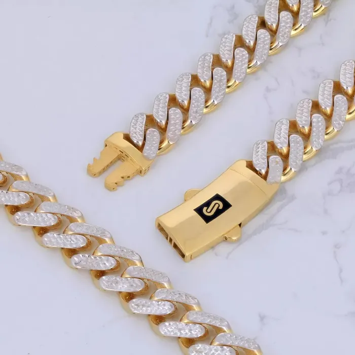 Goldiacom 10k Yellow Gold 11mm Monaco Miami Cuban Link Diamond Cut Pave Chain Necklace 24 Necklaces