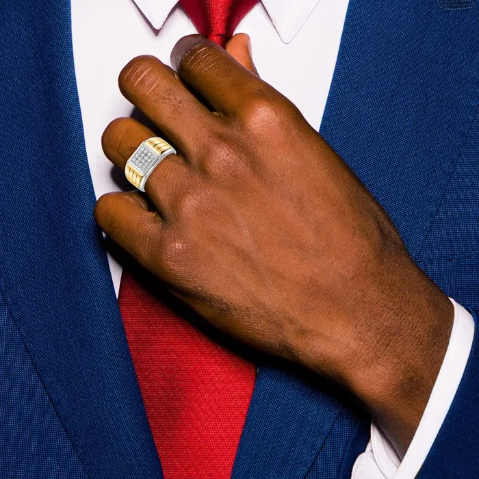 Goldiacom 14k TwoTone Gold Real Diamond Square Mens Ring Rings